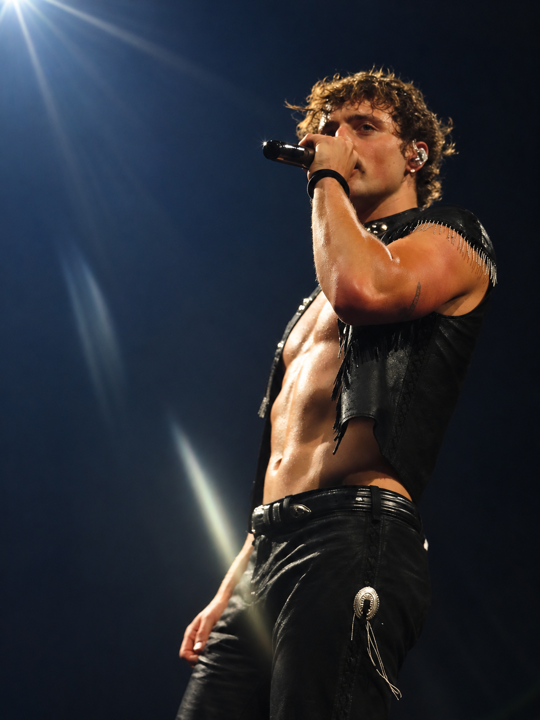 Singer performing in a black fringed outfit under a bright beam of stage light